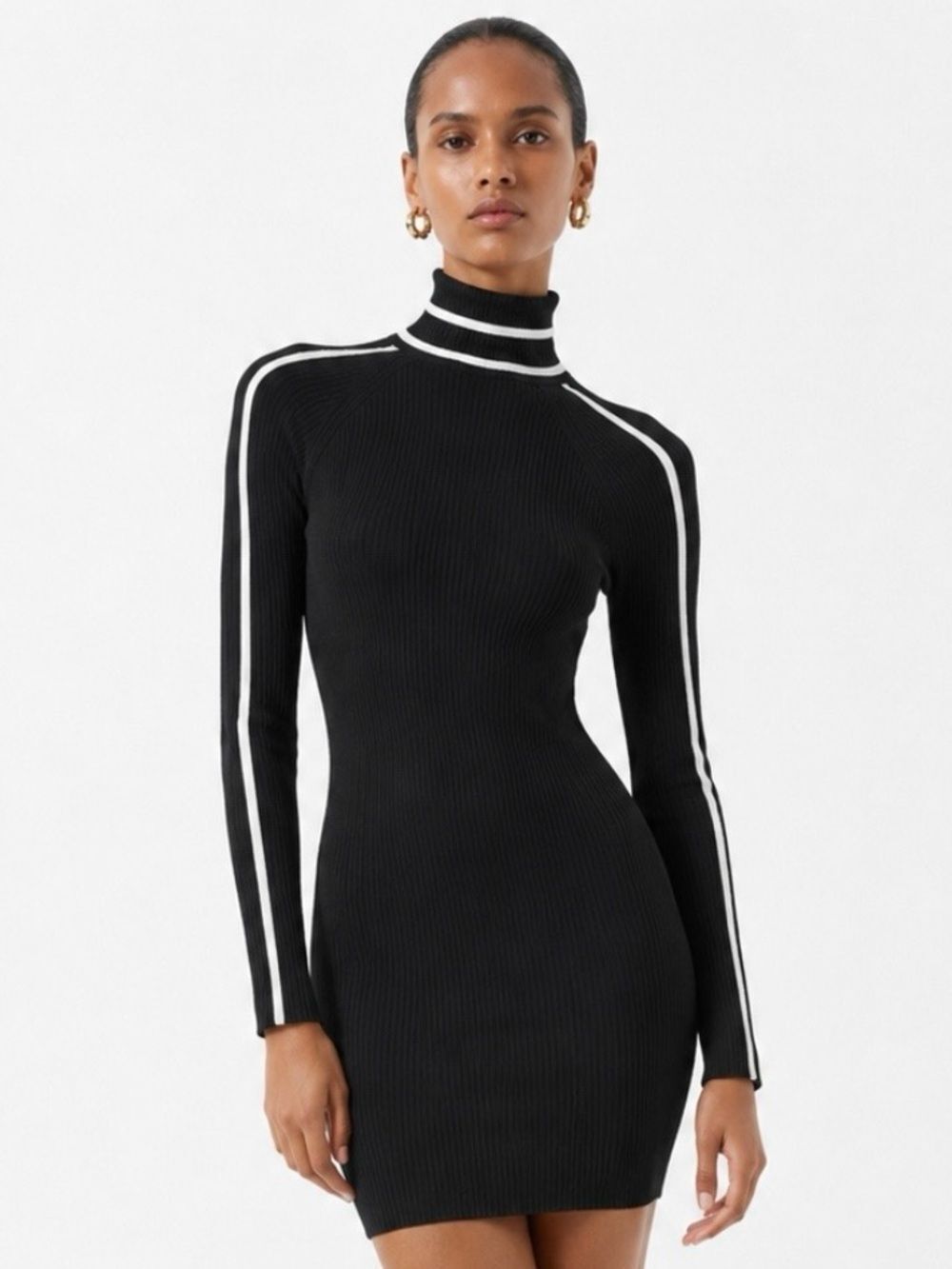 MILLY Black Ribbed Turtleneck Mini Dress with White Stripe Size Medium